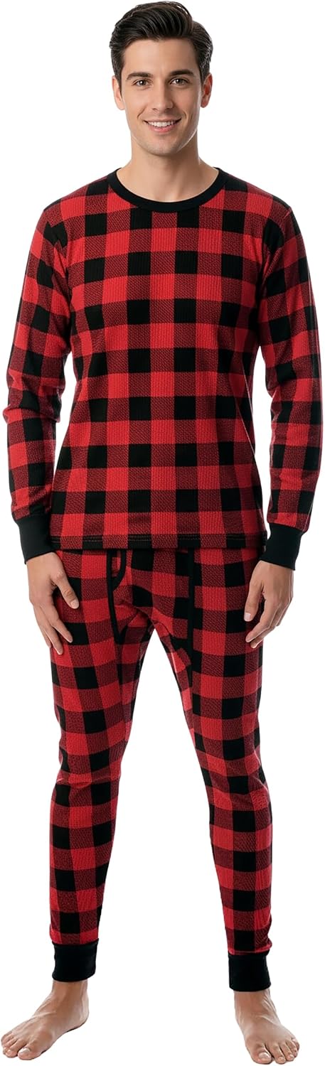 Men's Waffle-Knit Thermal Underwear Set - Buffalo Plaid Red Black
