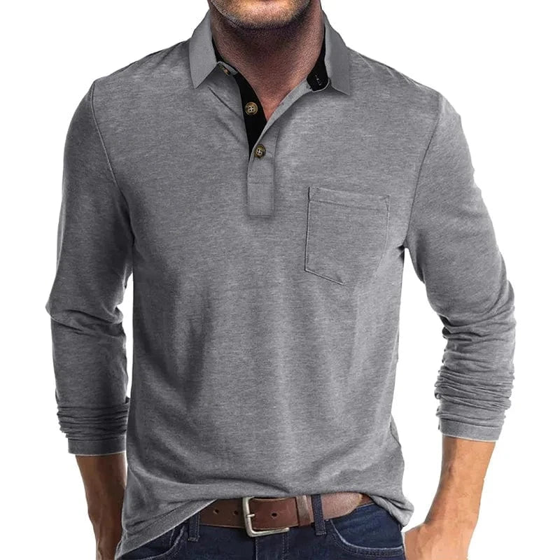 Light grey long sleeve pocket polo, on-body front view