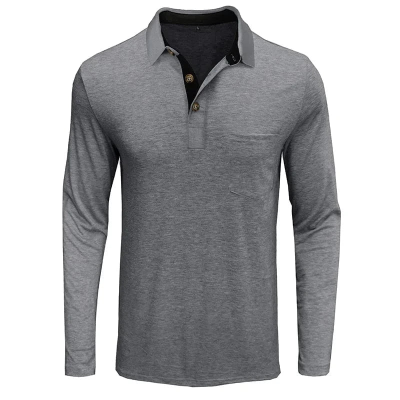 Light grey long sleeve polo, full front garment view
