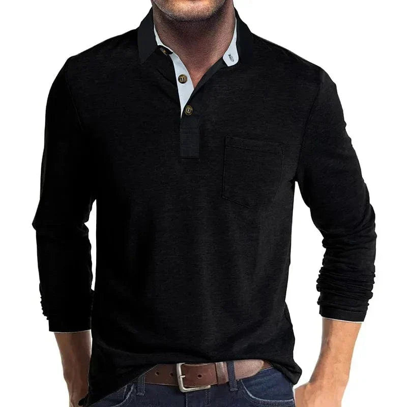 Men's long sleeve pocket polo in Black