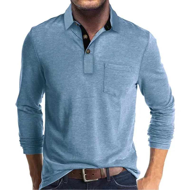 Men's long sleeve pocket polo in Light Blue