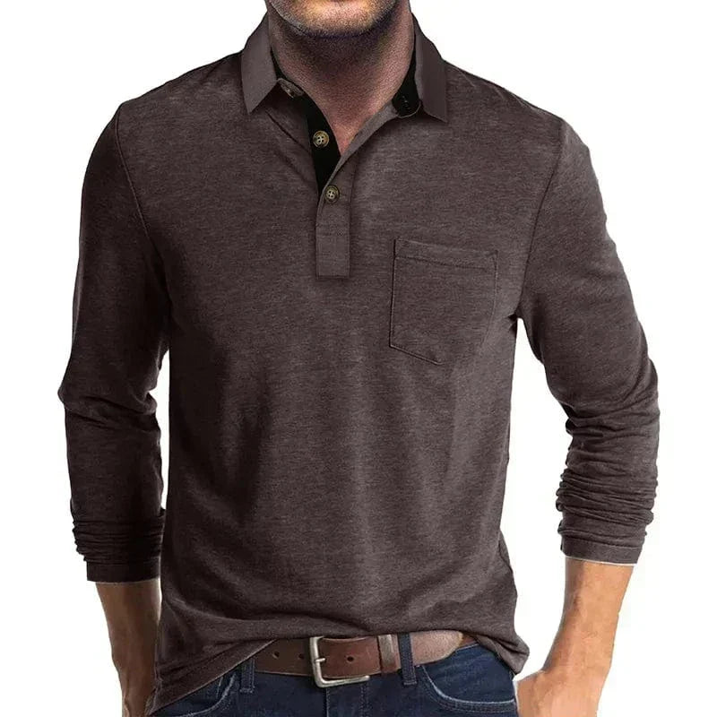 Men's long sleeve pocket polo in Dark Brown