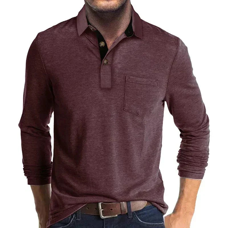 Men's long sleeve pocket polo in Dark Red