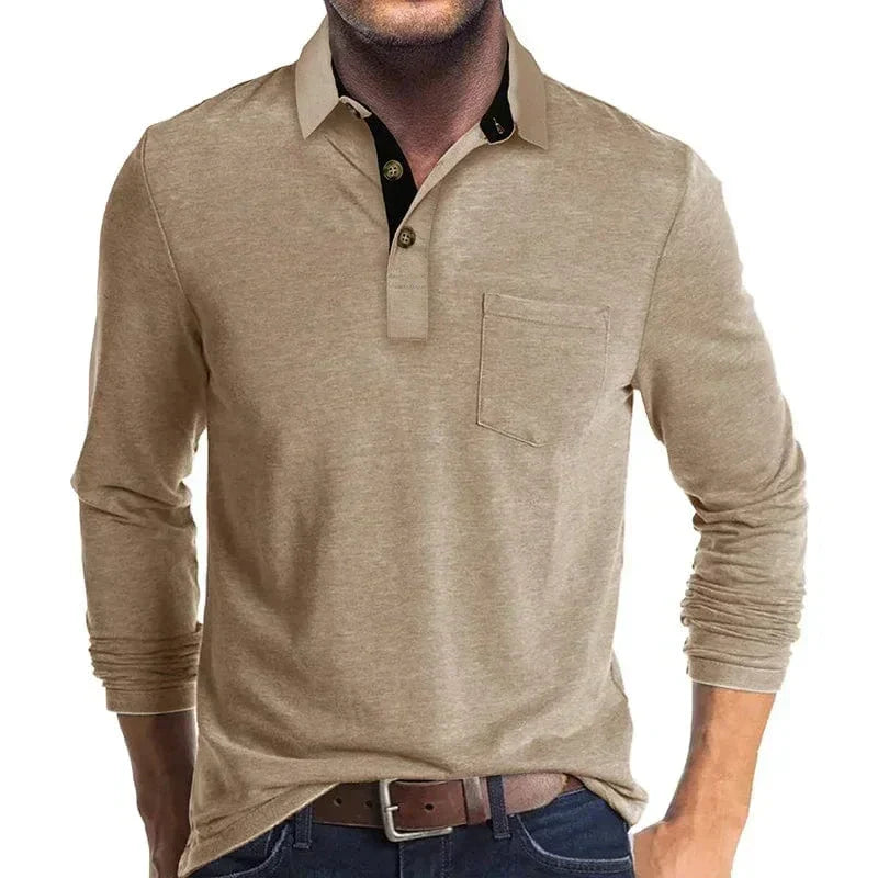 Men's long sleeve pocket polo in Khaki