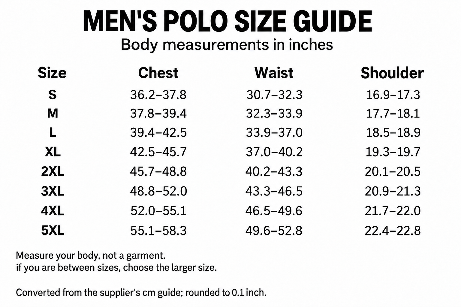 Polo body size guide in inches, S to 5XL