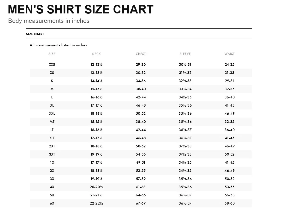 Men's Stonewashed Denim Long Sleeve Work Shirt - Size Chart
