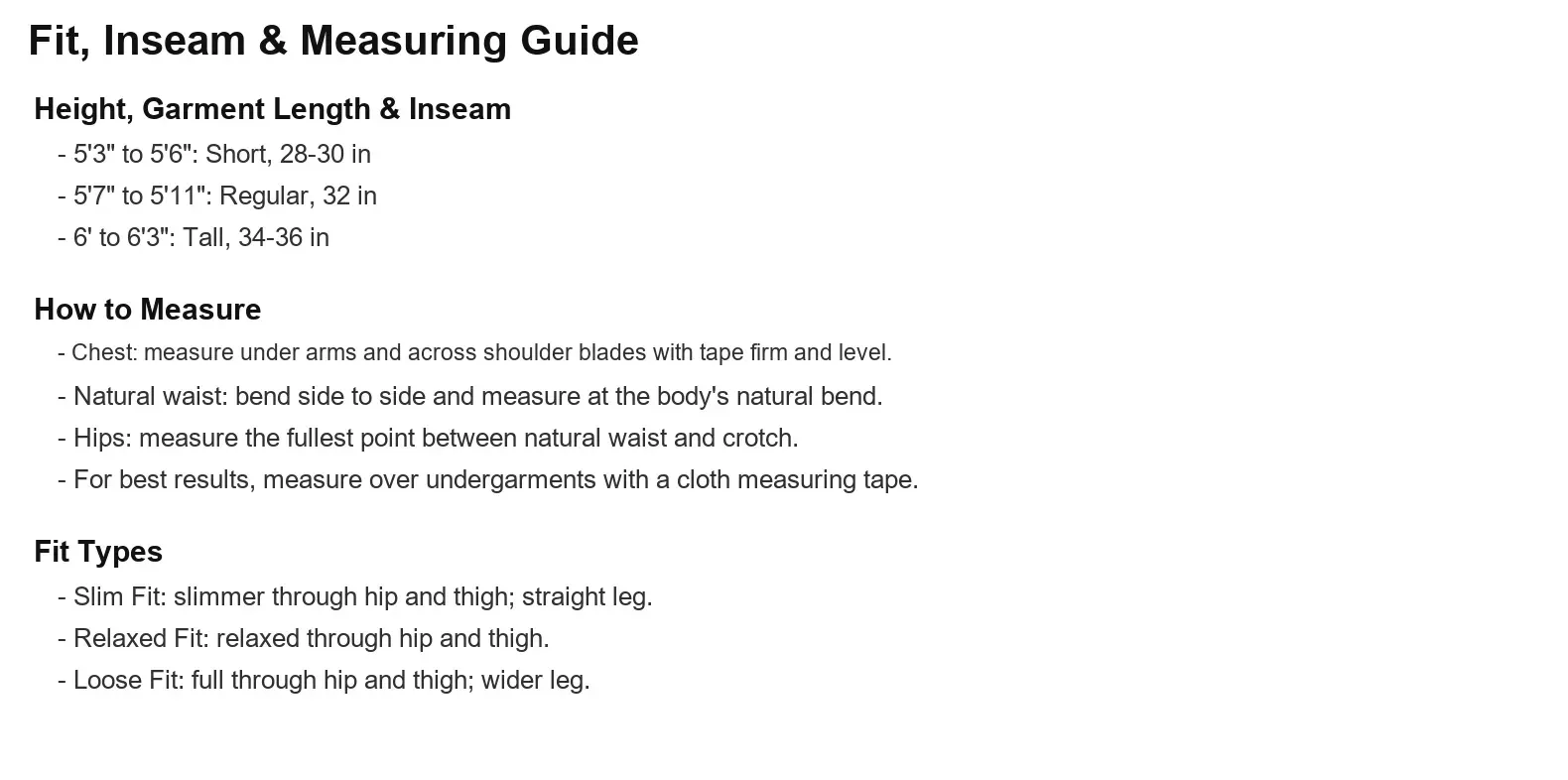 Fit, inseam and measuring guide