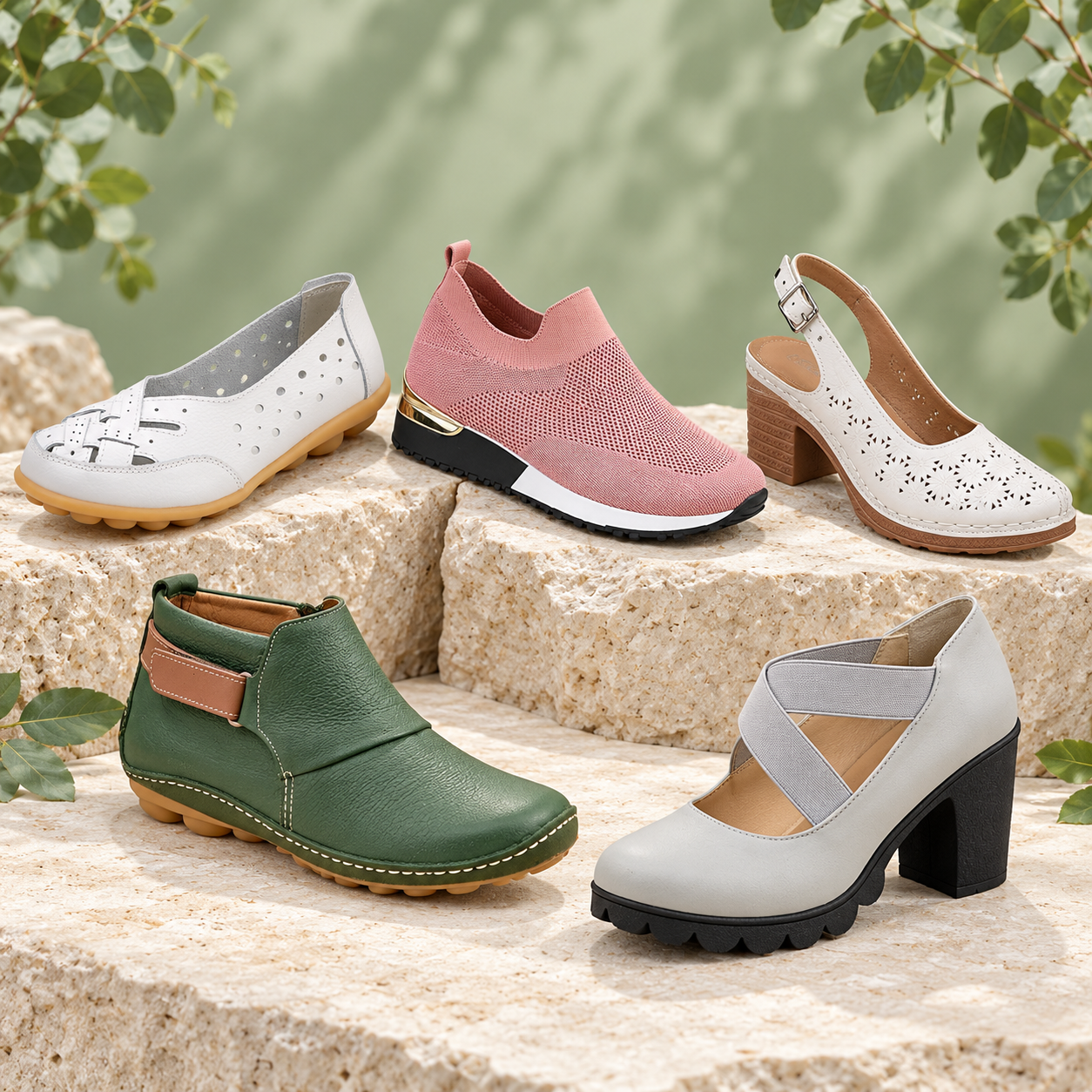 Sélection de cinq modèles femme : chaussure plate ajourée, sandale à talon, basket à enfiler, bottine et chaussure à talon