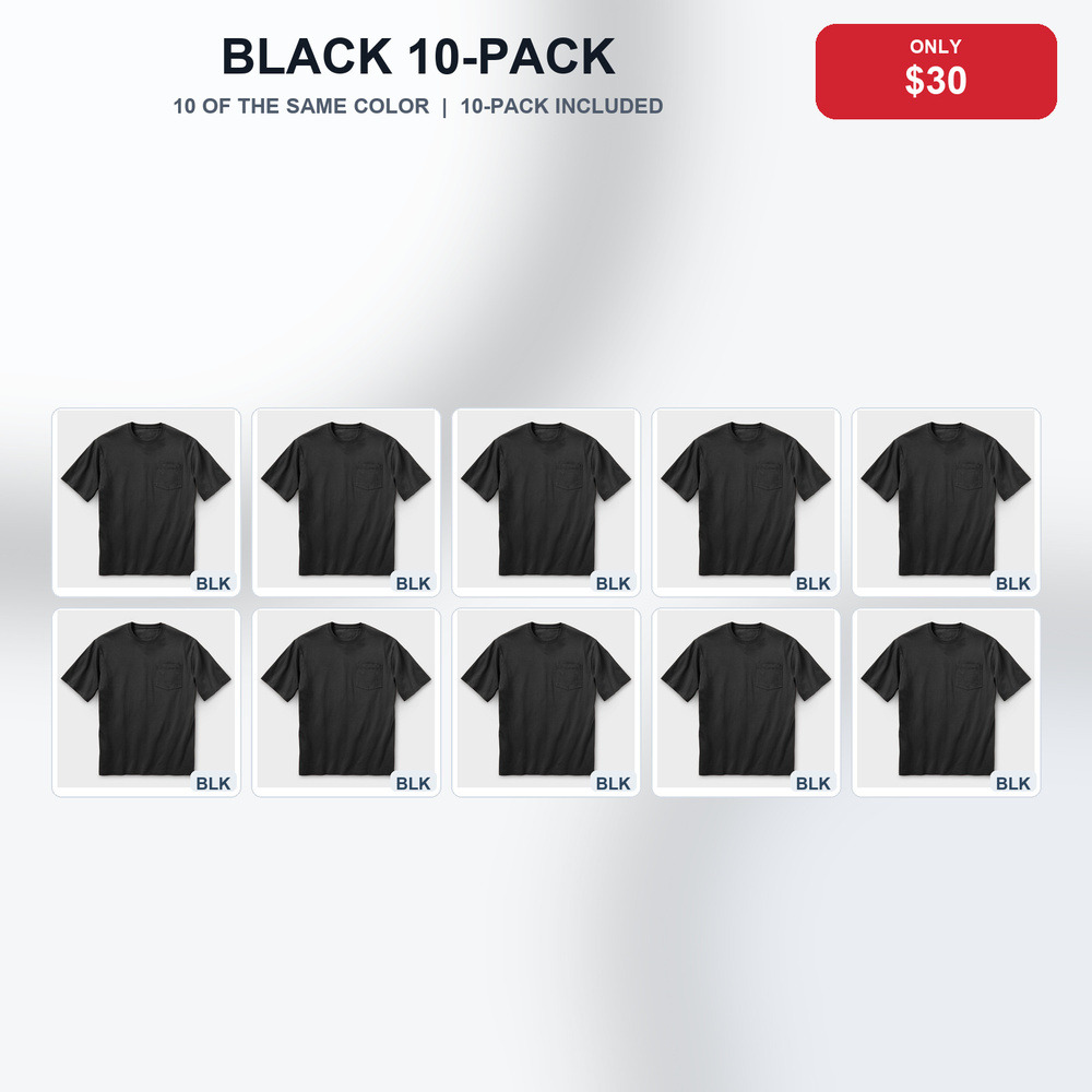 Black 10-Pack Only $30 extra-length pocket T-shirt bundle