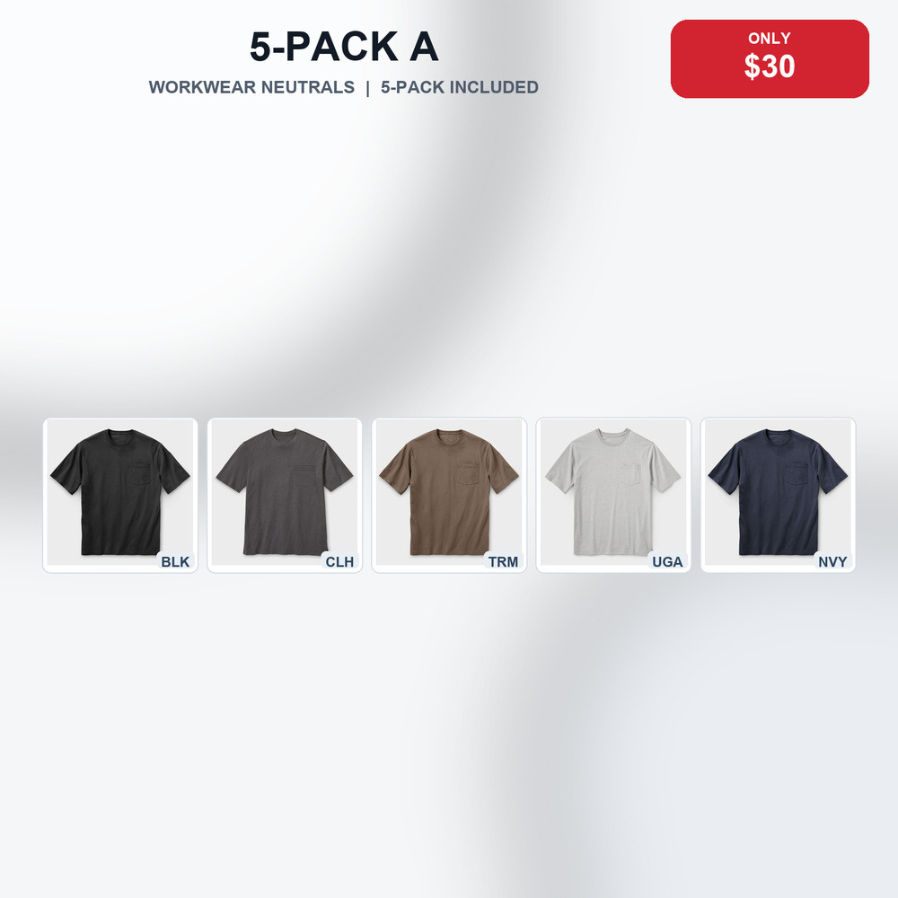 5-Pack A Only $30 (Workwear Neutrals) extra-length pocket T-shirt bundle