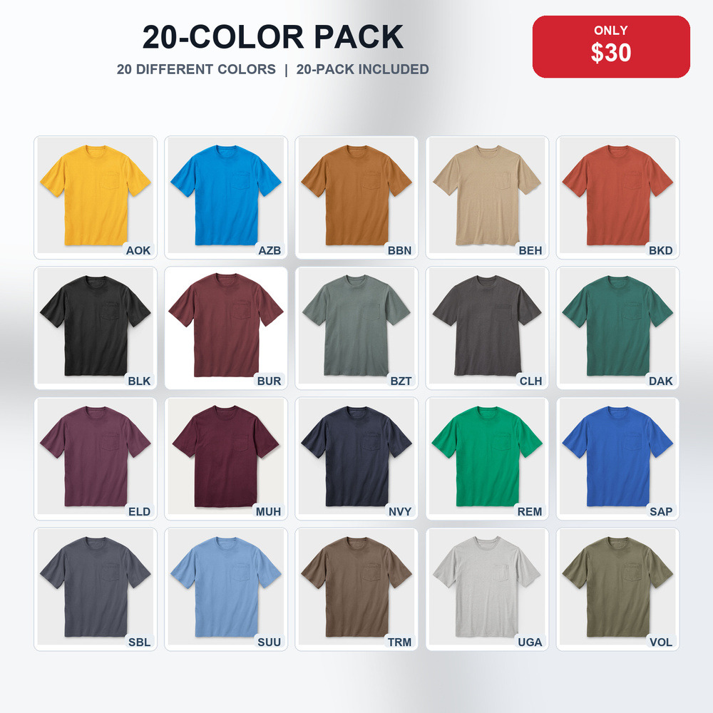 💥 Best Sale 💥 20-Pack Only $30 (20 Different Colors Together) extra-length pocket T-shirt bundle