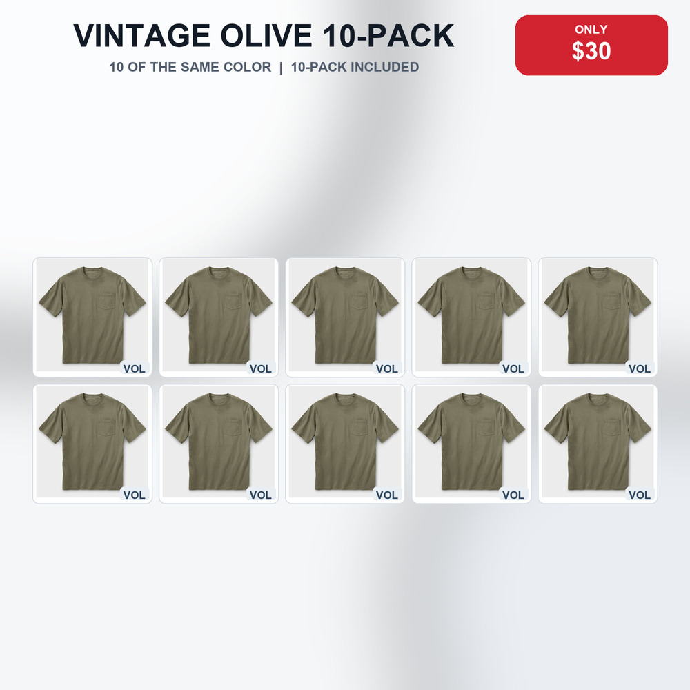 Vintage Olive 10-Pack Only $30 extra-length pocket T-shirt bundle