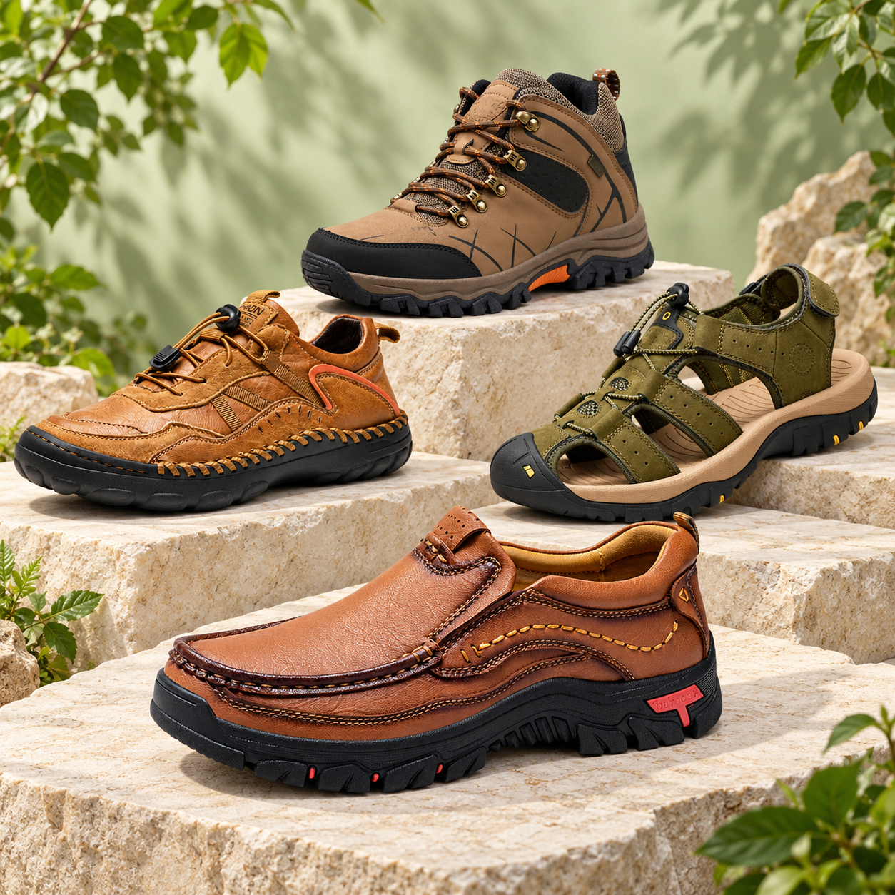 Sélection de quatre modèles homme : chaussure à enfiler en cuir, chaussure de marche, bottine et sandale