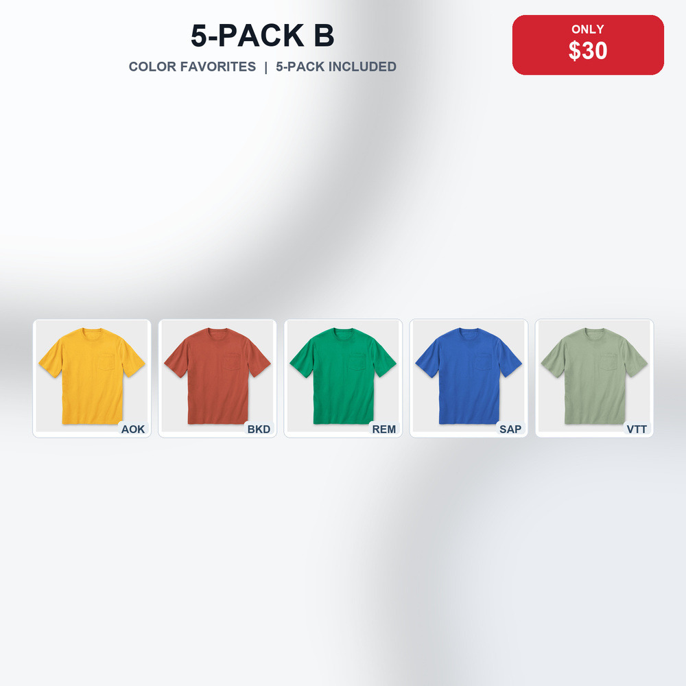5-Pack B Only $30 (Color Favorites) extra-length pocket T-shirt bundle
