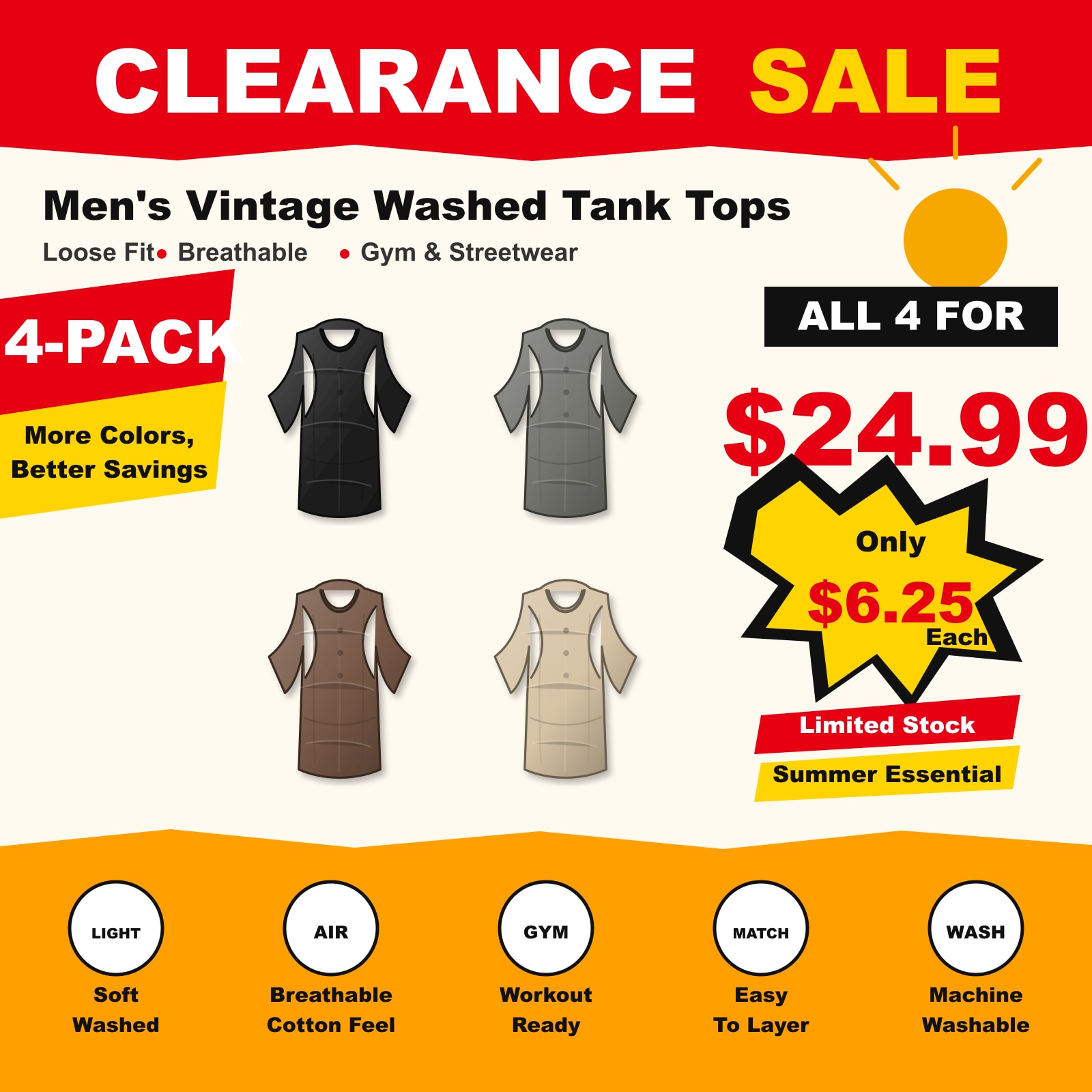 Men's 5-Pack Vintage Washed Tank Tops Gym Streetwear 4 PCS Essential Mix