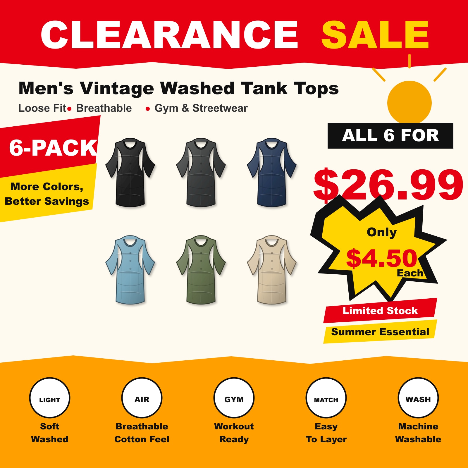 Men's 5-Pack Vintage Washed Tank Tops Gym Streetwear 6 PCS Street 6