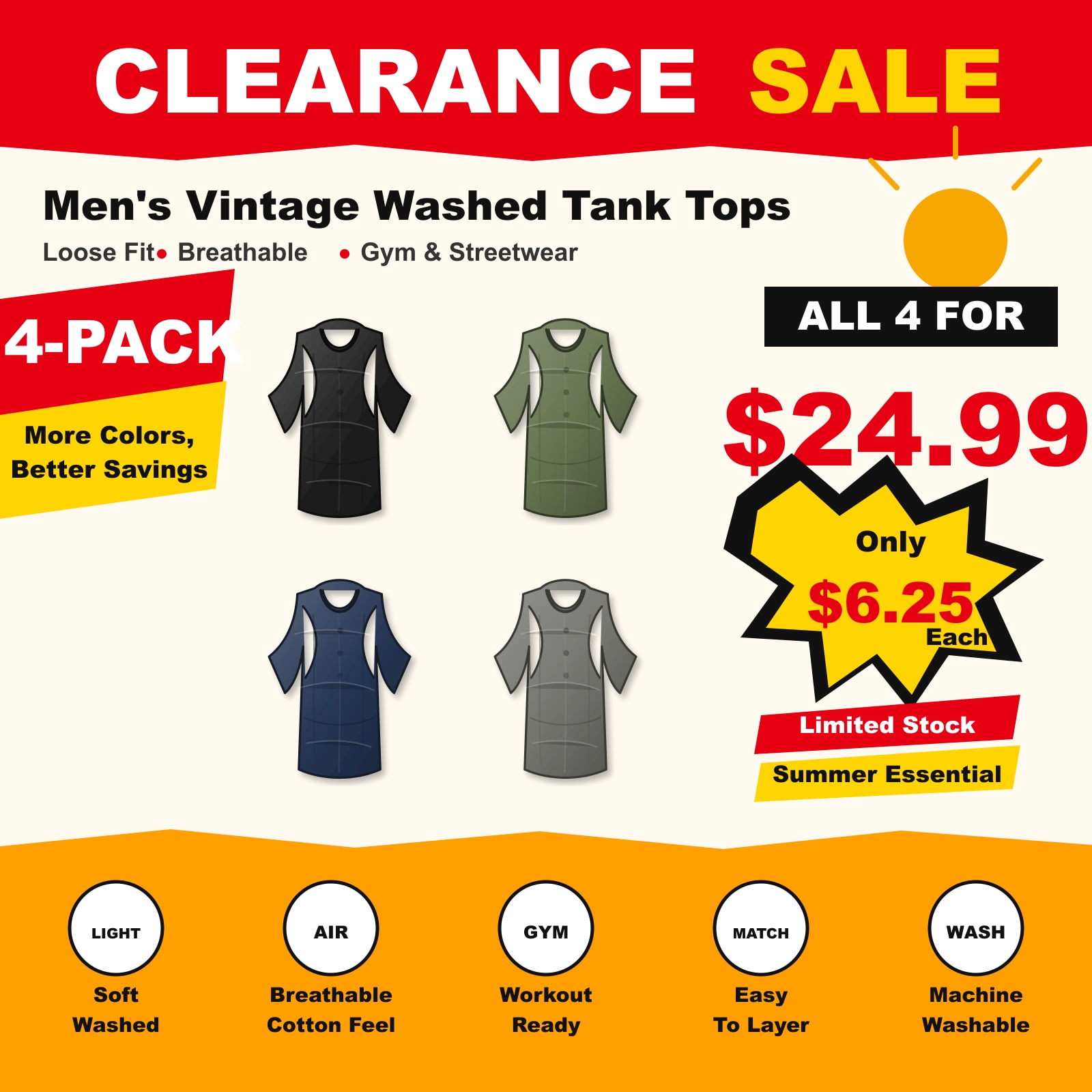 Men's 5-Pack Vintage Washed Tank Tops Gym Streetwear 4 PCS Gym Mix
