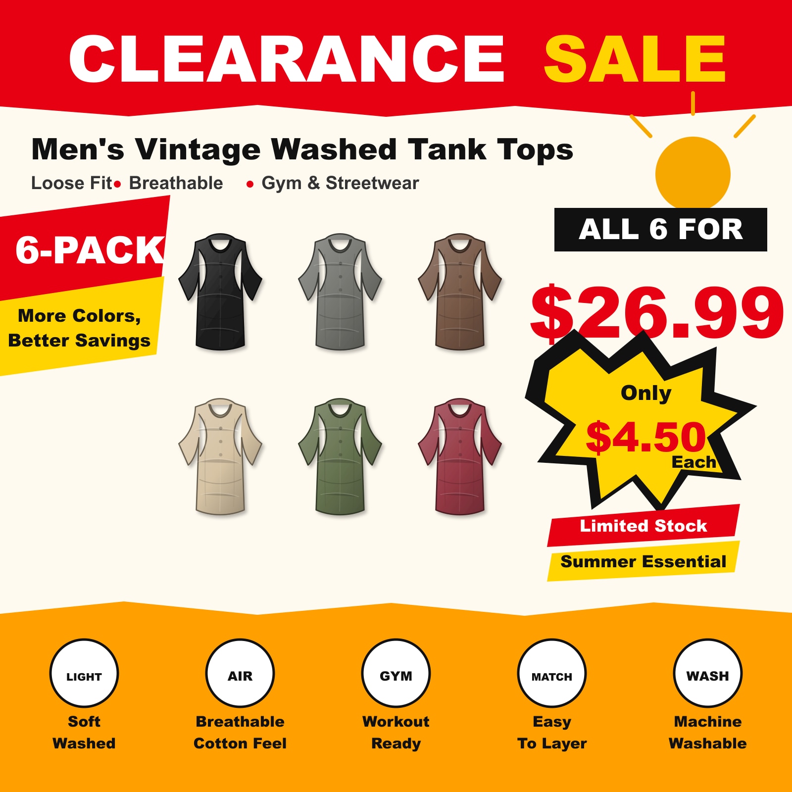 Men's 5-Pack Vintage Washed Tank Tops Gym Streetwear 6 PCS Classic 6