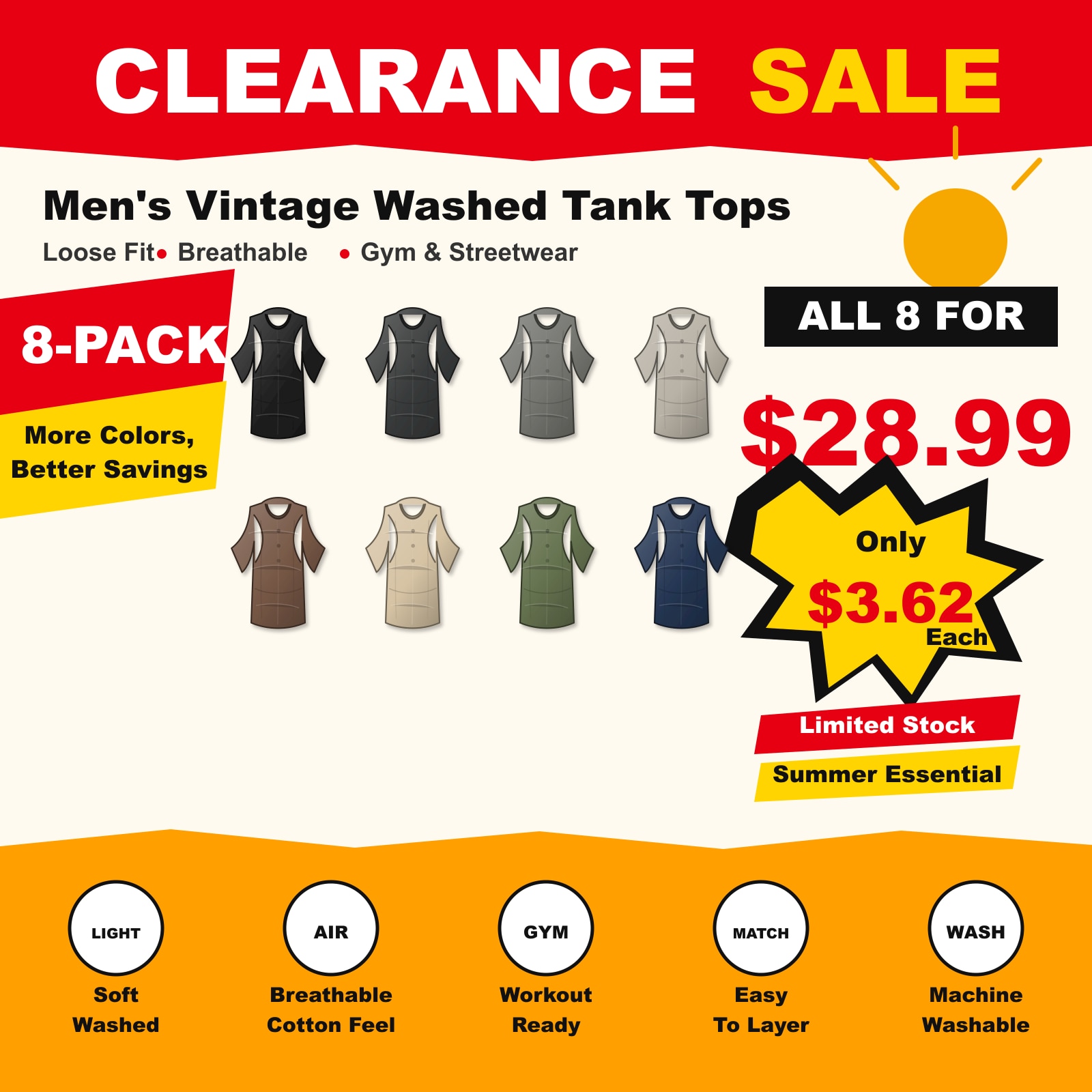Men's 5-Pack Vintage Washed Tank Tops Gym Streetwear 8 PCS Neutral 8