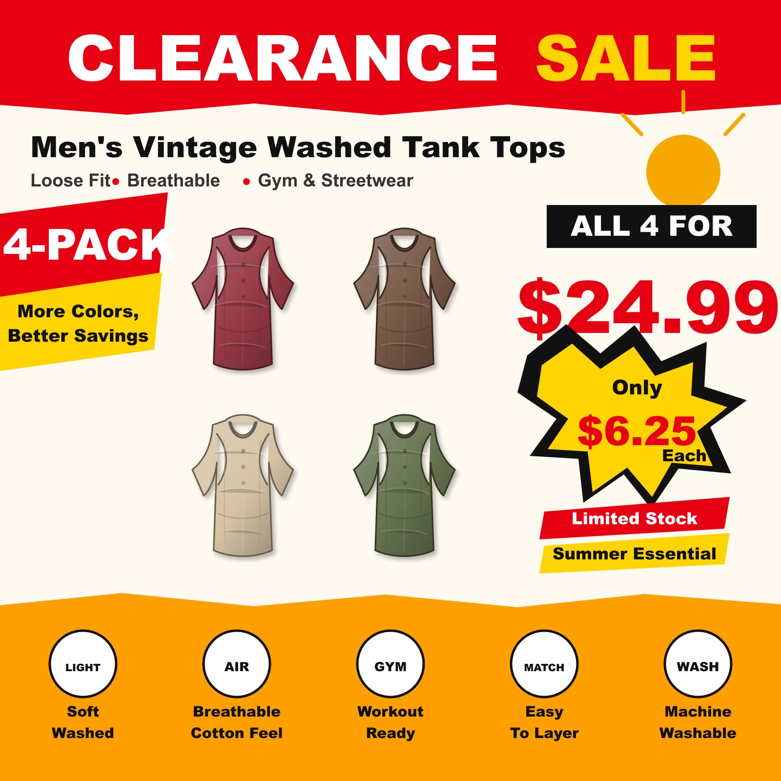 Men's 5-Pack Vintage Washed Tank Tops Gym Streetwear 4 PCS Warm Mix