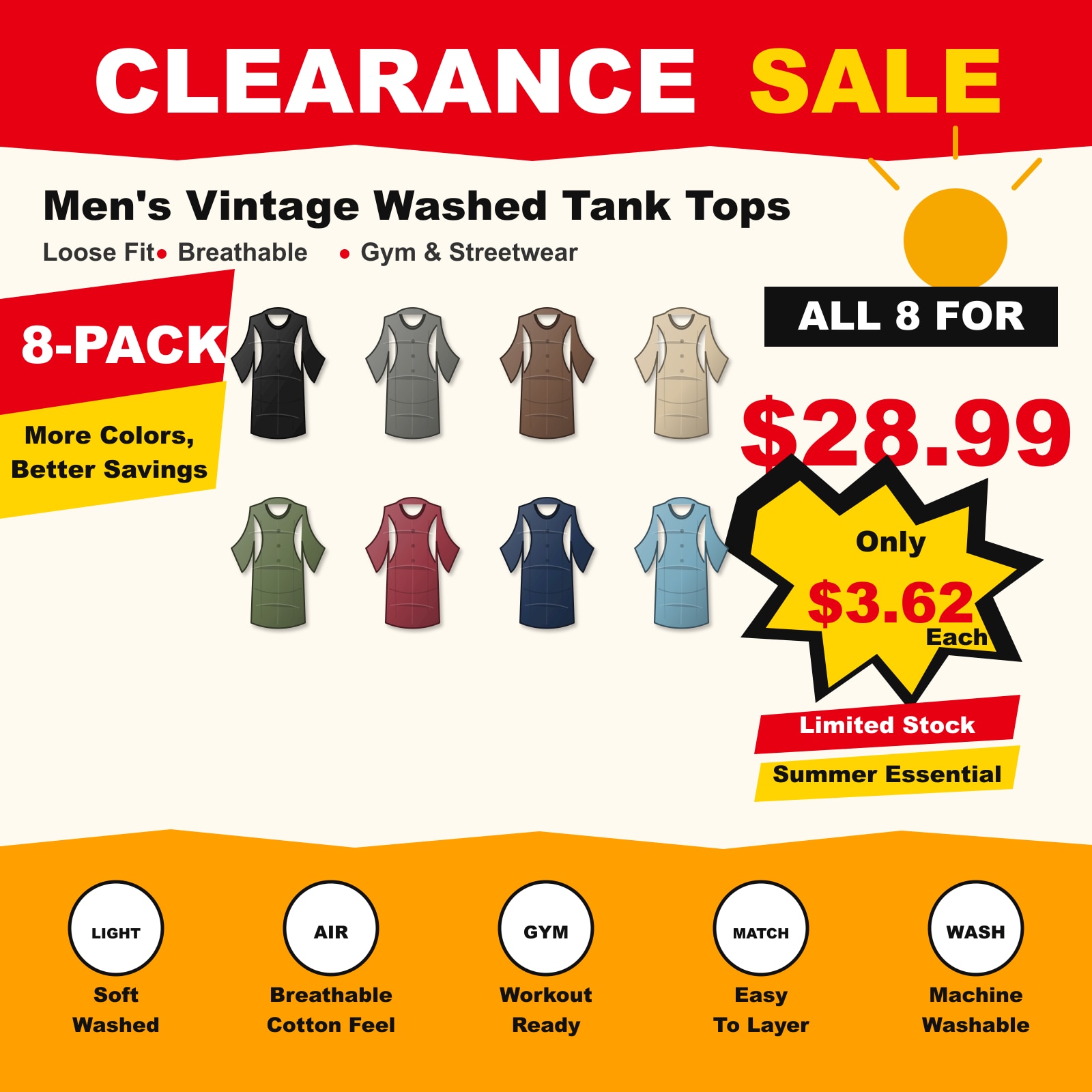 Men's 5-Pack Vintage Washed Tank Tops Gym Streetwear 8 PCS All Color 8