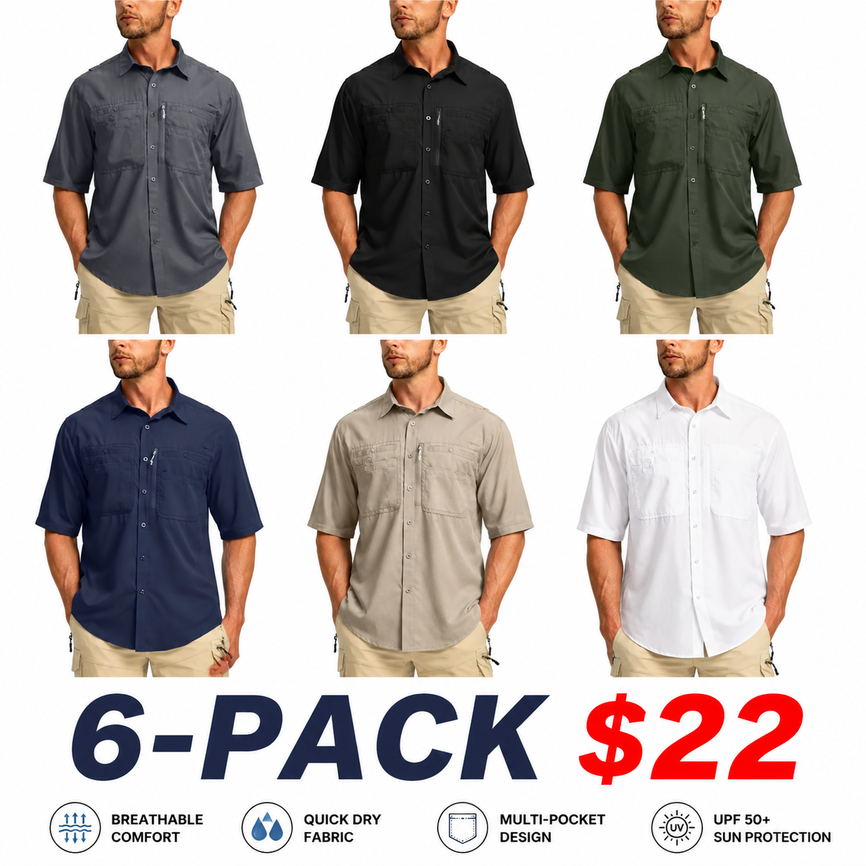 Men's UPF 50+ OutdoorFishing Shirt -Lightweight Quick DryShort Sleeve Button Down