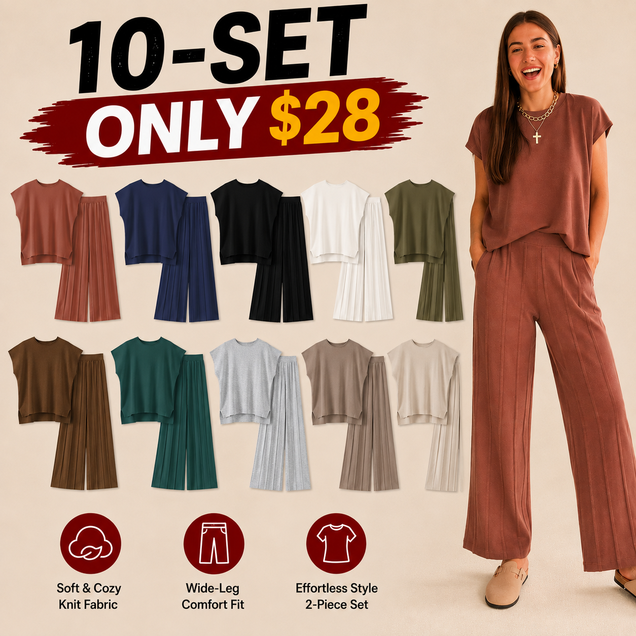 Women's Effortless Knit Wide-Leg 2-Piece Set