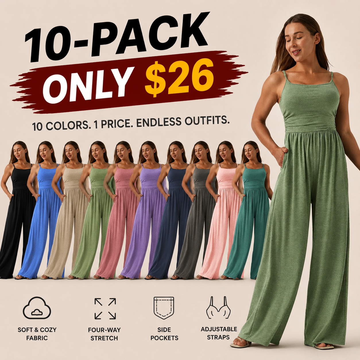 Adjustable Strap Ruched Wide-Leg Stretch Jumpsuit