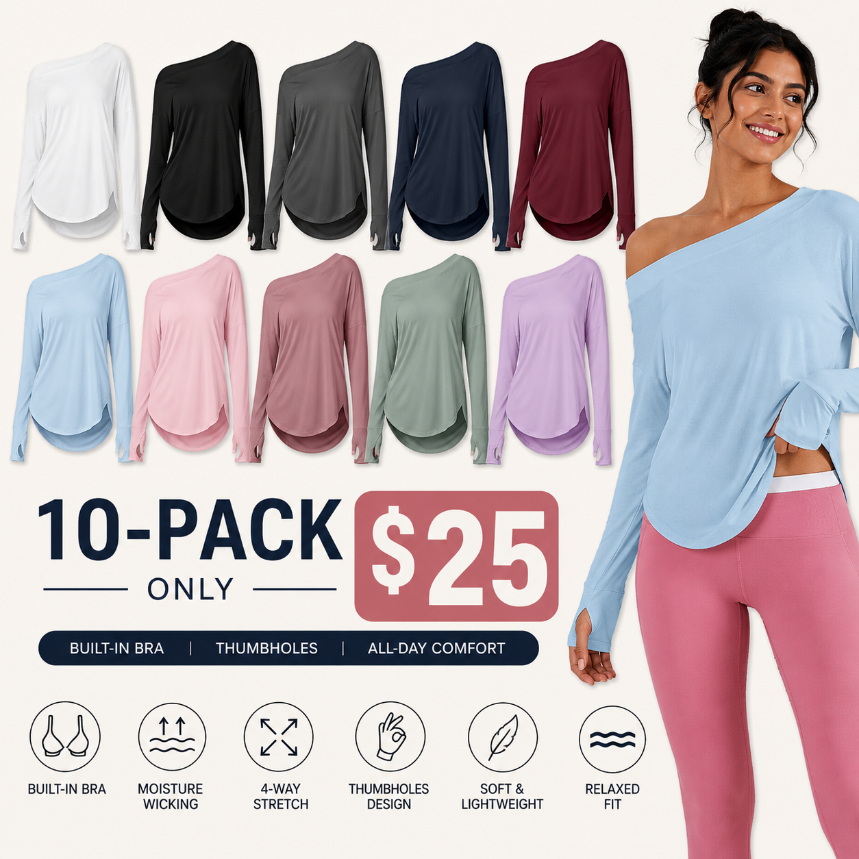 Women’s One-Shoulder Long Sleeve Active Top with Built-In Bra