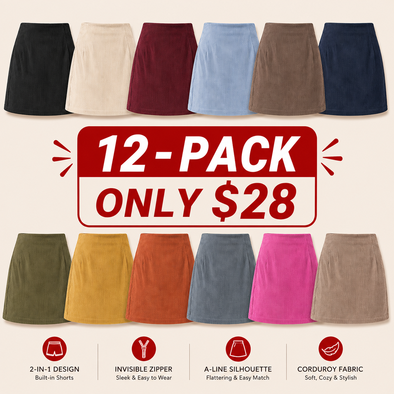 High-Waisted 2-in-1 Corduroy A-Line Mini Skirt