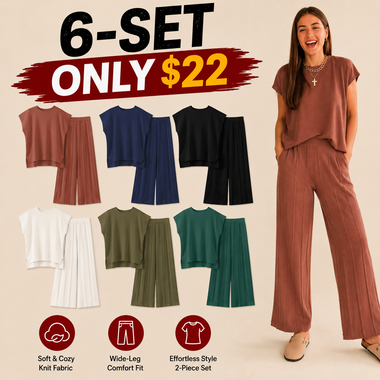 Women's Effortless Knit Wide-Leg 2-Piece Set