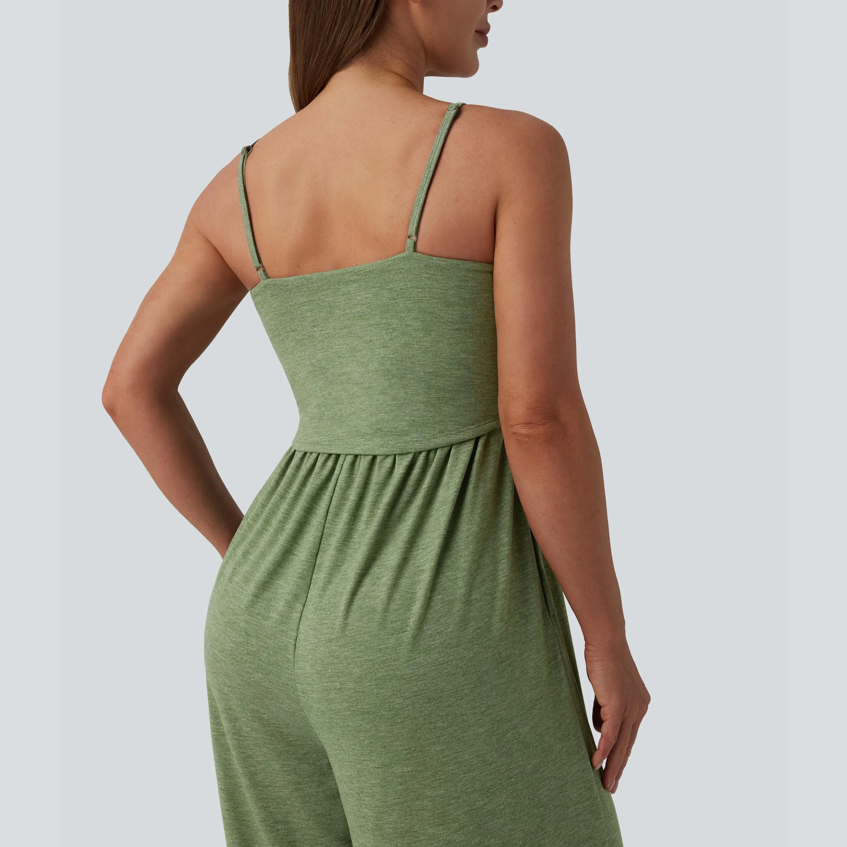 Adjustable Strap Ruched Wide-Leg Stretch Jumpsuit