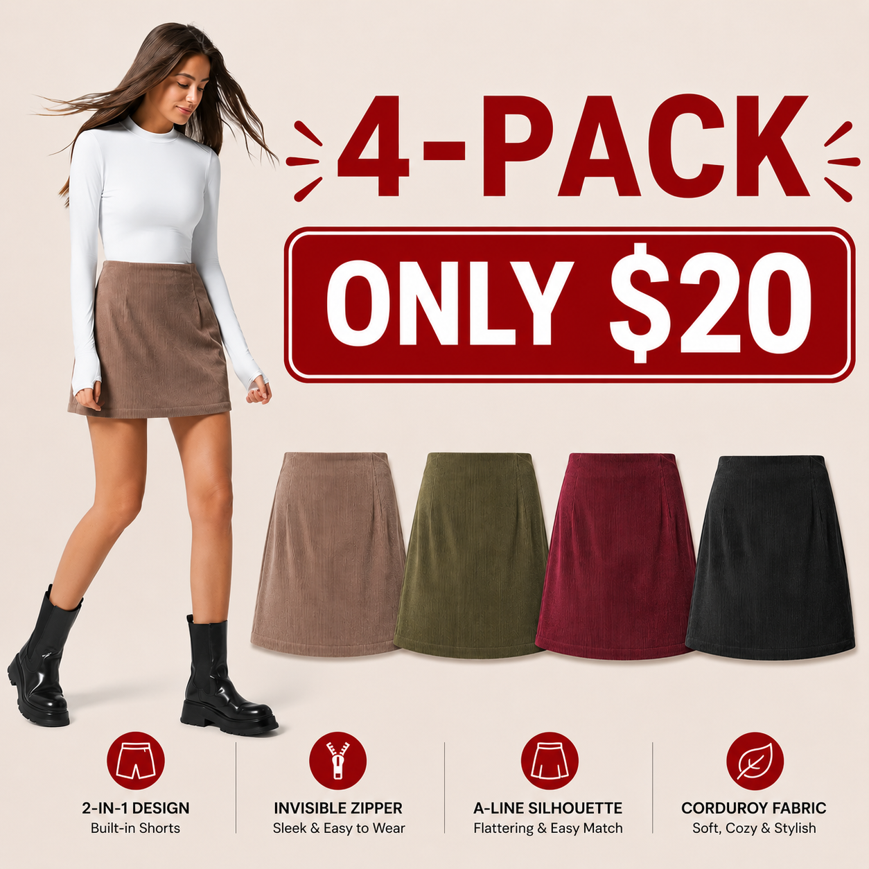 High-Waisted 2-in-1 Corduroy A-Line Mini Skirt