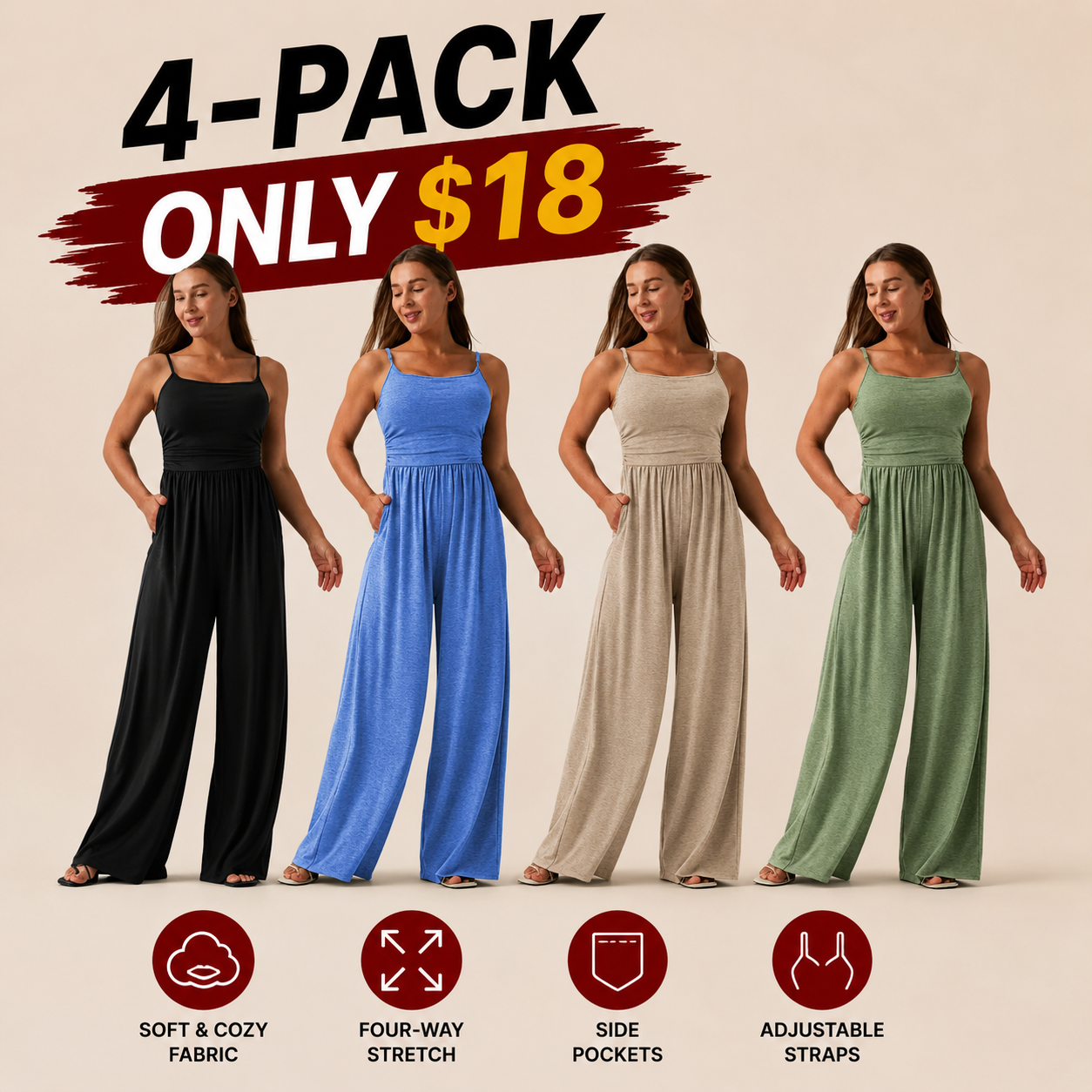Adjustable Strap Ruched Wide-Leg Stretch Jumpsuit