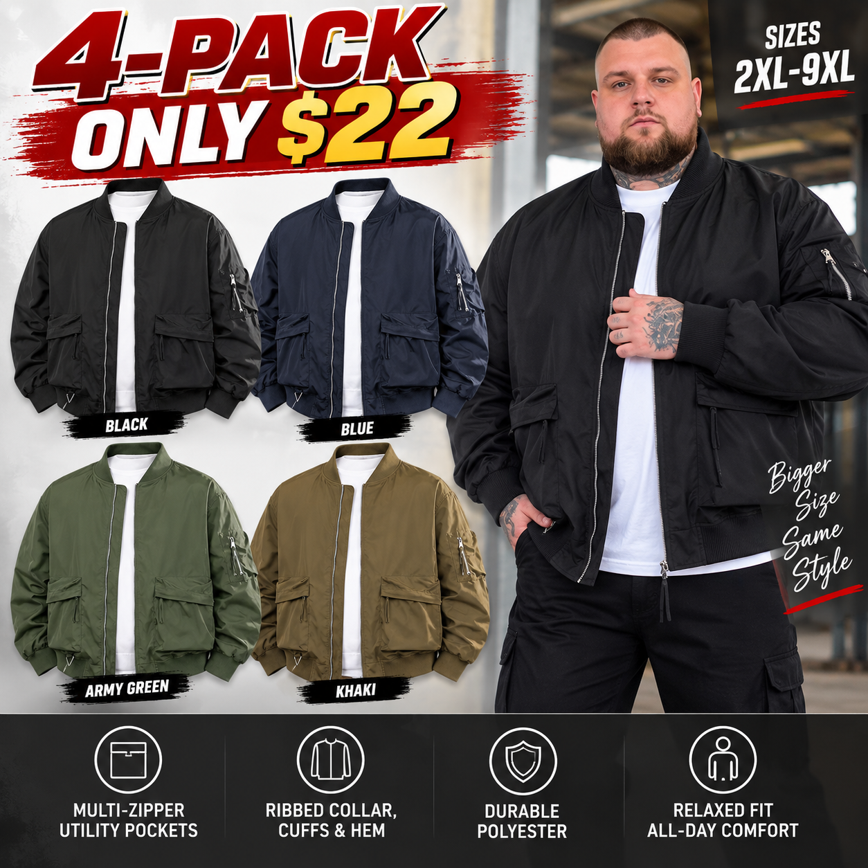 Men's Plus-Size Multi-Pocket Cargo Bomber Jacket