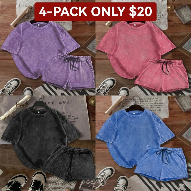 Women's Acid-Wash T-Shirt & High-Waisted Shorts Set