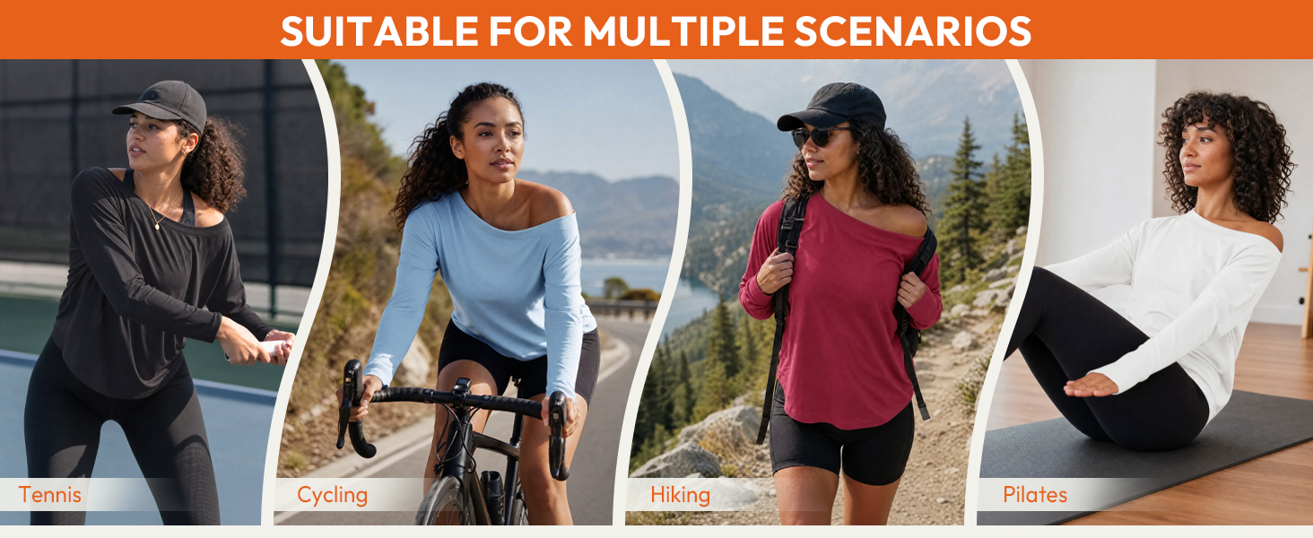 Womens Long Sleeve Off Shoulder Shirts Lightweight Casual Workout Athletic Tops with Thumb Holes