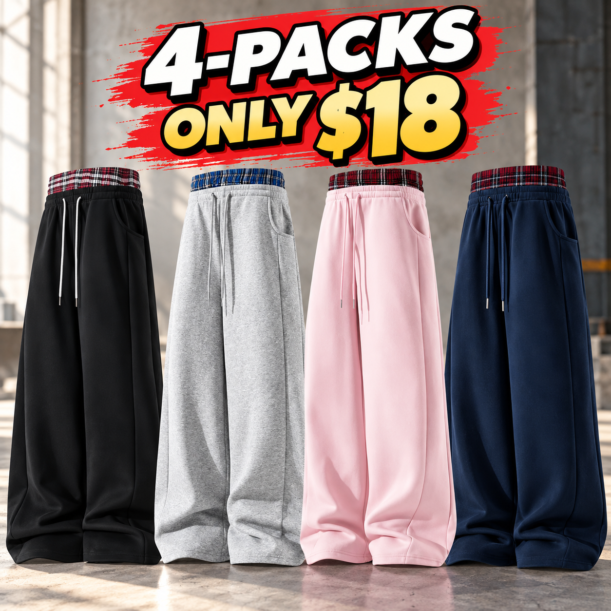 Men's Plaid Panel Wide-Leg Sweatpants