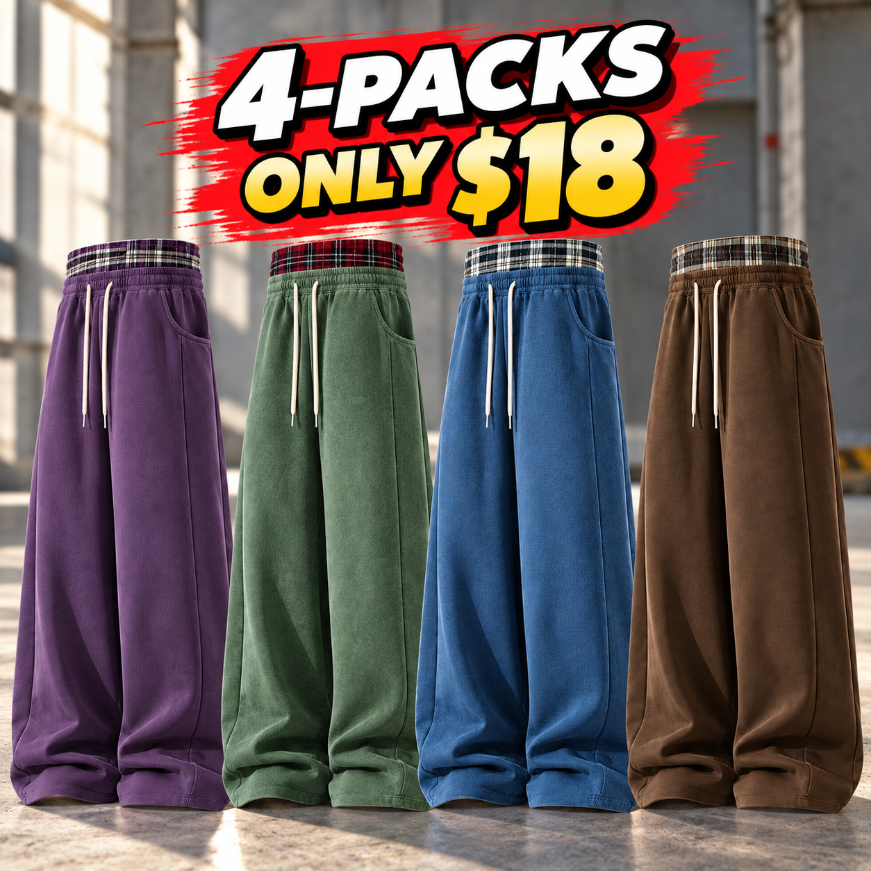 Men's Plaid Panel Wide-Leg Sweatpants