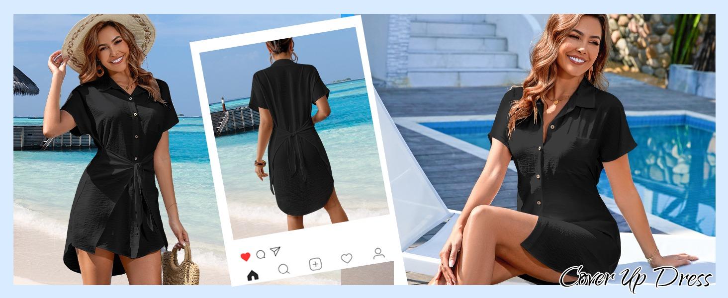 Bsubseach Womens Swimsuit Coverup Short Sleeve Button Down Tie Beach Shirt Dresses Summer Bathing Suit Cover Up Swimwear Bsubseach Womens Swimsuit Coverup Short Sleeve Button Down Tie Beach Shirt Dresses Summer Bathing Suit Cover Up Swimwear