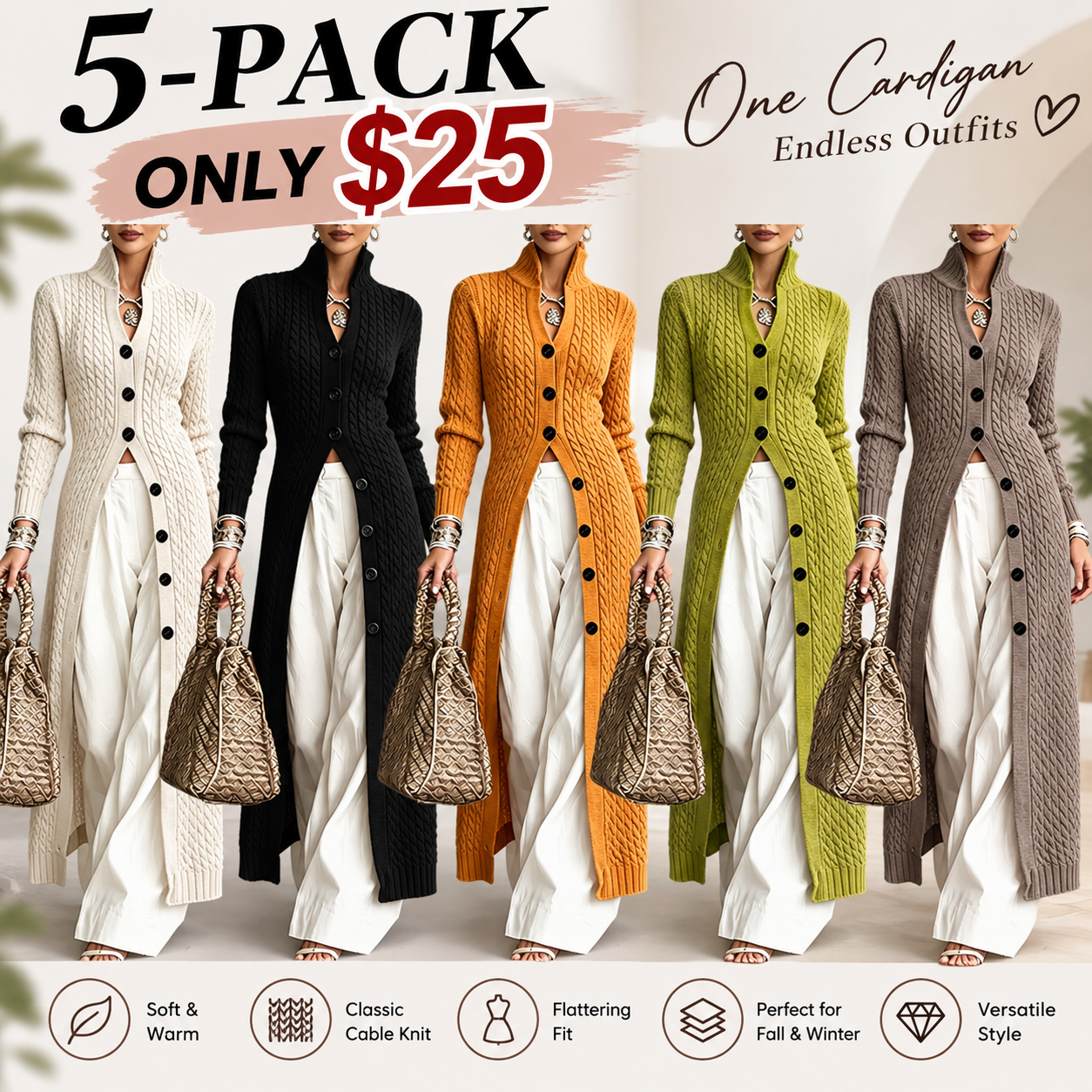 Women's Elegant Cable Knit Long Cardigan