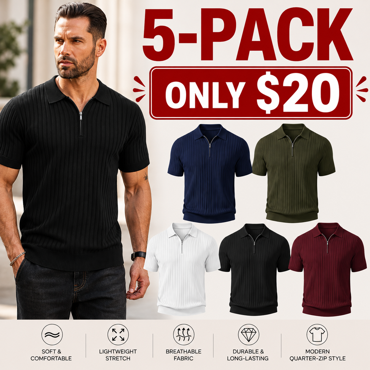 Men's Modern Quarter-Zip Ribbed Knit Polo