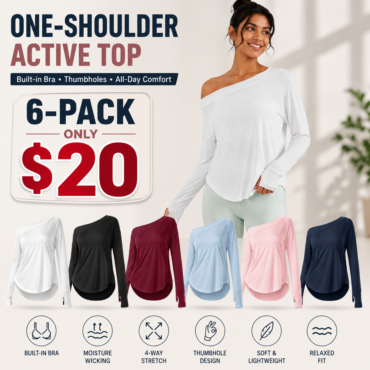 Women’s One-Shoulder Long Sleeve Active Top with Built-In Bra
