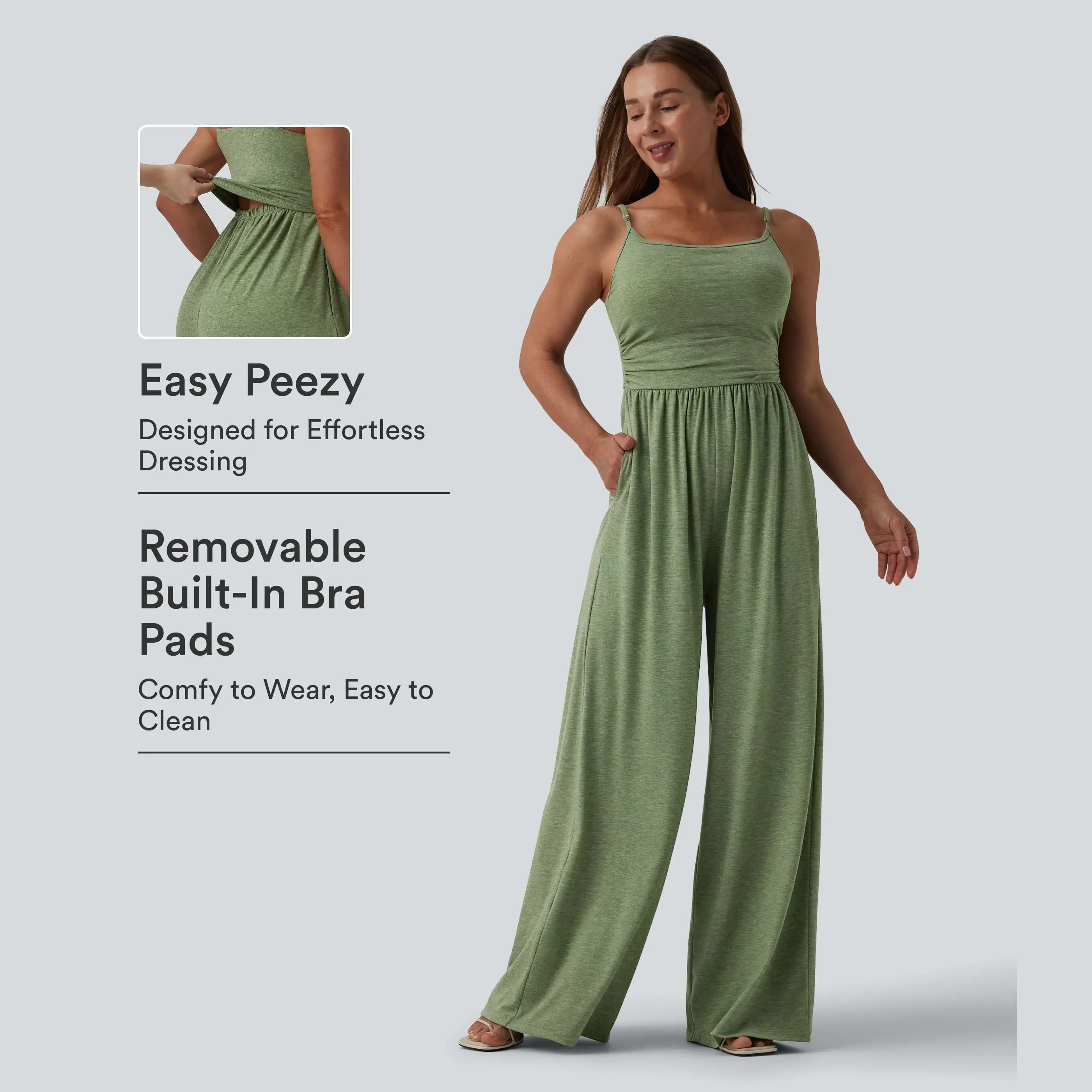 Adjustable Strap Ruched Wide-Leg Stretch Jumpsuit