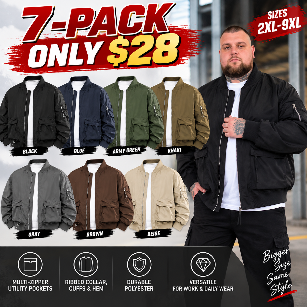 Men's Plus-Size Multi-Pocket Cargo Bomber Jacket