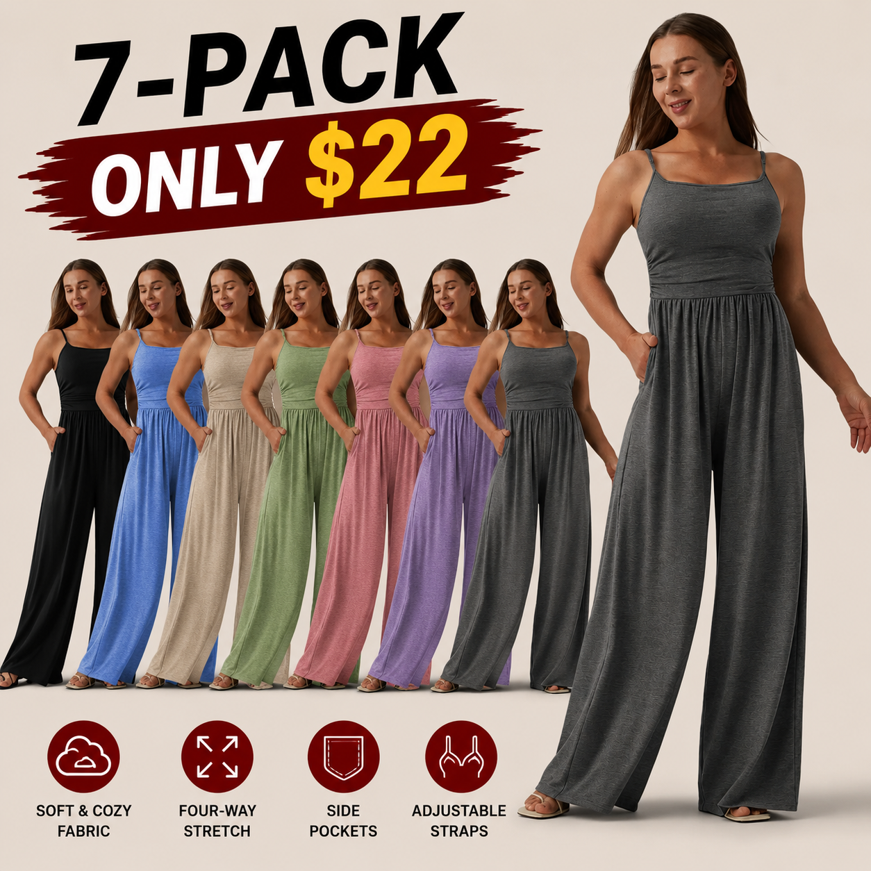 Adjustable Strap Ruched Wide-Leg Stretch Jumpsuit