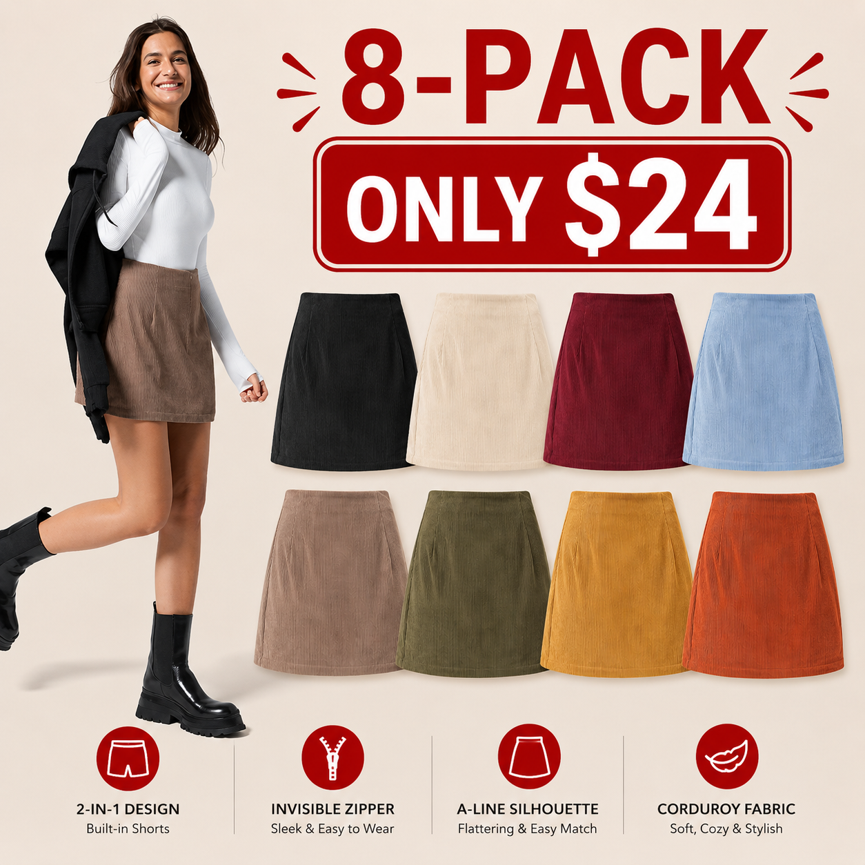 High-Waisted 2-in-1 Corduroy A-Line Mini Skirt