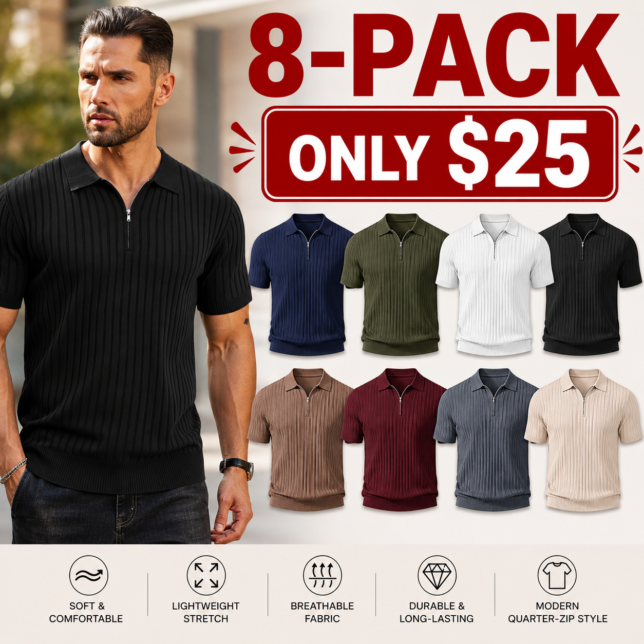 Men's Modern Quarter-Zip Ribbed Knit Polo