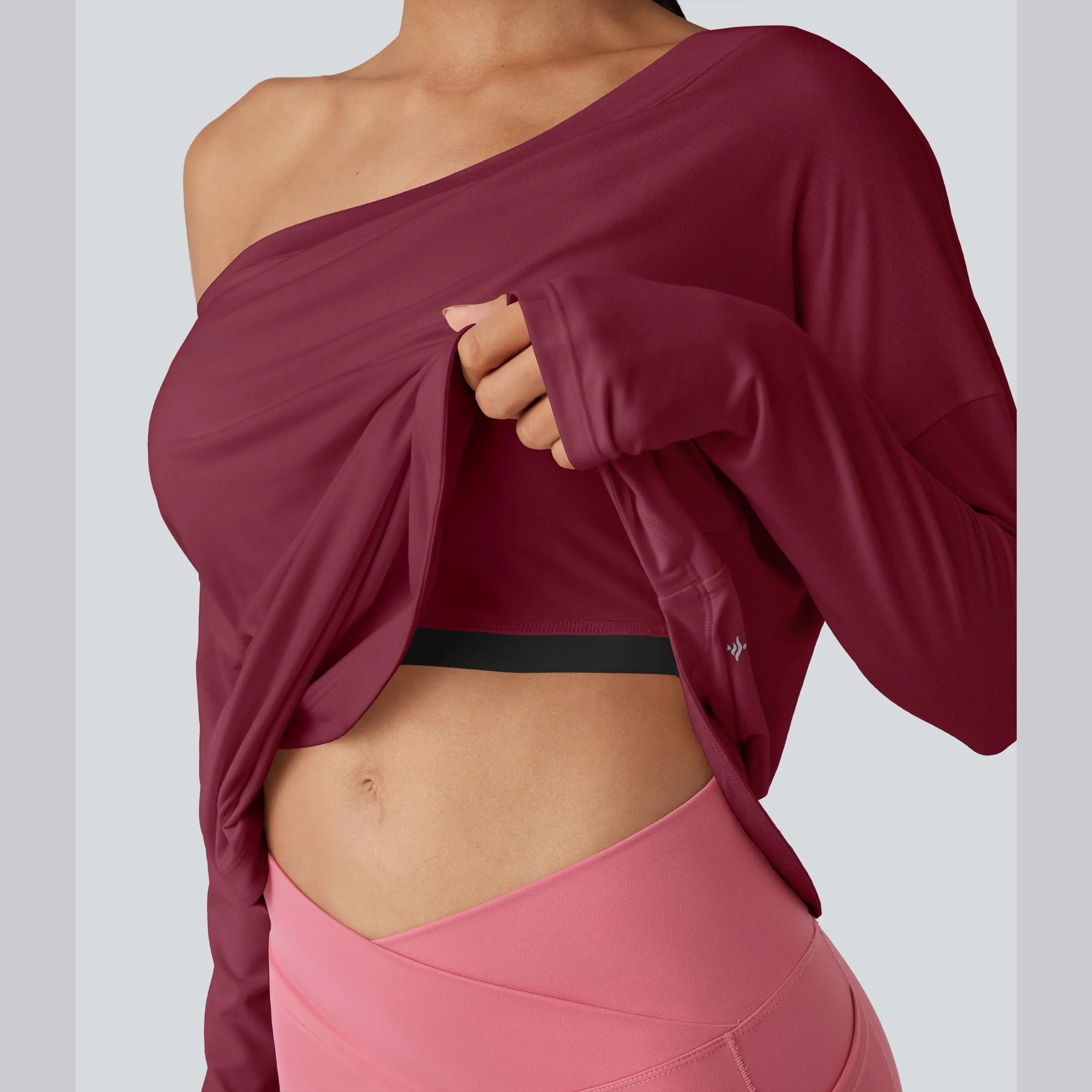 Women's One-Shoulder Long Sleeve Workout Top with Built-In Bra