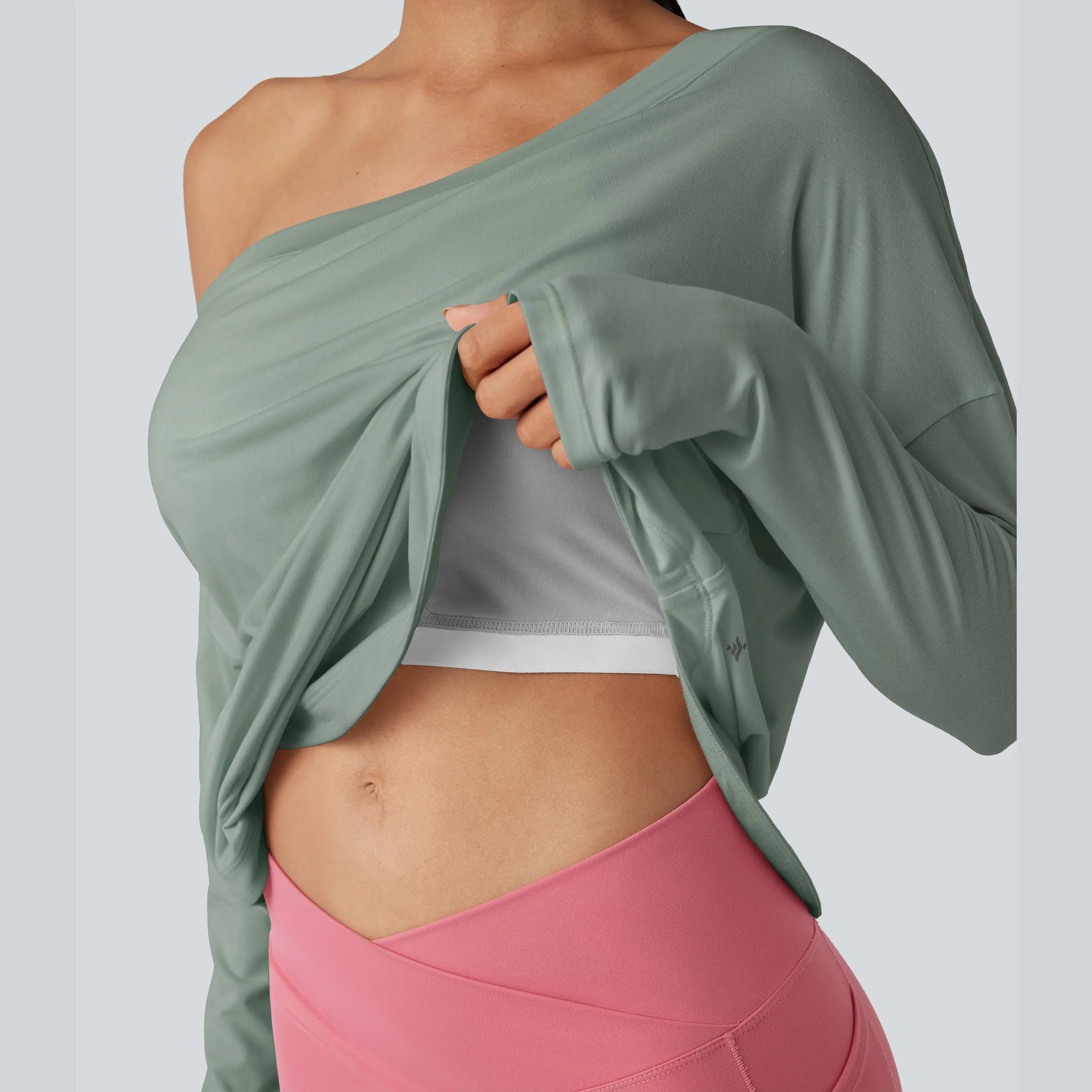 Women's One-Shoulder Long Sleeve Workout Top with Built-In Bra